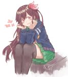  az_toride black_legwear box brown_hair crescent crescent_moon_pin green_skirt hair_ornament hands_on_own_face jacket kantai_collection kisaragi_(kantai_collection) long_hair looking_at_viewer neckerchief pleated_skirt red_eyes red_neckwear remodel_(kantai_collection) school_uniform serafuku simple_background sitting skirt solo thighhighs white_background 