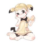  :p bandaid bandaid_on_knee black_eyes black_neckwear blonde_hair blush_stickers bow bowtie dress eating food food_on_face hand_up hands_up hare_(tetterutei) highres holding licking_hand no_nose personification pichu pokemon short_dress short_eyebrows short_hair short_sleeves simple_background sitting socks solo tail tongue tongue_out twintails uneven_eyes white_background white_legwear yellow_dress 