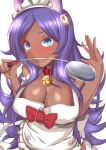  absurdres animal_ears apron aqua_eyes bell blush breasts cleavage collar collarbone cosplay dark_skin fate/grand_order fate_(series) highres ingaritsu72 large_breasts long_hair looking_at_viewer maid_headdress naked_apron nearly_naked_apron purple_hair queen_of_sheba_(fate/grand_order) simple_background smile solo spoon tamamo_(fate)_(all) tamamo_cat_(fate) tamamo_cat_(fate)_(cosplay) tongue white_background 