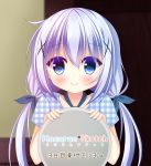  bangs blue_eyes blue_hair blue_ribbon blush closed_mouth commentary_request dot_nose eyebrows_visible_through_hair gochuumon_wa_usagi_desu_ka? hair_between_eyes hair_ornament hair_ribbon hands_up holding holding_tray indoors kafuu_chino long_hair low_twintails plaid plaid_shirt ribbon shirt short_sleeves smile solo translation_request tray twintails unmoving_pattern upper_body very_long_hair x_hair_ornament yukatama 