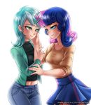  2018 alternate_species amber_eyes animal_humanoid blue_eyes blush bonbon_(mlp) breasts clothed clothing digital_media_(artwork) duo equine equine_humanoid eye_contact eyelashes female female/female friendship_is_magic fully_clothed hair hand_on_face horn human humanized humanoid lyra_heartstrings_(mlp) makeup mammal midriff multicolored_hair my_little_pony navel racoon-kun simple_background smile two_tone_hair url white_background 