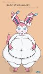  &lt;3 belly big_belly blue_eyes cum cum_from_navel cum_in_navel deep_navel dullpoint eeveelution female fur hi_res male male/female mammal navel navel_fetish nintendo obese oil overweight pink_fur pok&eacute;mon pok&eacute;mon_(species) solo sylveon text video_games white_fur 