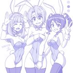  andou_kuriyo animal_ears armband artist_name ass_visible_through_thighs bow bowtie breasts bunny_ears bunny_girl bunny_pose bunnysuit closed_eyes covered_navel covering covering_breasts dated detached_collar eyebrows_visible_through_hair grin hair_intakes hairband highleg highleg_leotard itaba_yumi large_breasts leotard medium_breasts monochrome purple senki_zesshou_symphogear short_hair smile solo sweatdrop terashima_shiori thigh_gap thighhighs twintails v wrist_cuffs zetsumu 