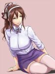  alternate_legwear arm_support ashigara_(kantai_collection) breasts brown_eyes brown_hair closed_mouth collared_shirt commentary_request grey_background hair_ornament hairband ishii_hisao kantai_collection large_breasts long_hair long_sleeves looking_to_the_side miniskirt pencil_skirt pink_legwear ponytail purple_skirt remodel_(kantai_collection) shirt simple_background sitting skirt smile solo thighhighs thighs white_shirt wing_collar yokozuwari zettai_ryouiki 
