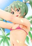  absurdres aircraft airplane bikini bikini_bottom breasts commentary_request flat_chest green_eyes green_hair highres kantai_collection navel pandemic14 sky small_breasts solo swimsuit twintails zuikaku_(kantai_collection) 