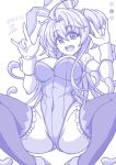  :d animal_ears armband artist_name bow bowtie breasts bunny_ears bunny_girl bunnysuit cagliostro_(symphogear) cleavage covered_navel dated detached_collar eyebrows_visible_through_hair hair_between_eyes high_heels highleg highleg_leotard large_breasts leotard long_hair looking_at_viewer monochrome open_mouth purple senki_zesshou_symphogear smile solo spread_legs squatting thighhighs very_long_hair wrist_cuffs zetsumu 