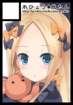  :o abigail_williams_(fate/grand_order) bangs black_border black_bow black_dress black_hat blonde_hair blue_eyes blush border bow circle_cut commentary_request dress eyebrows_visible_through_hair fate/grand_order fate_(series) forehead hair_bow hat long_hair long_sleeves looking_at_viewer object_hug orange_bow parted_bangs parted_lips polka_dot polka_dot_bow shirasu_youichi sleeves_past_fingers sleeves_past_wrists solo stuffed_animal stuffed_toy teddy_bear translation_request watermark web_address 