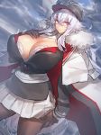  azur_lane breasts brown_gloves brown_legwear cleavage cloud cloudy_sky cowboy_shot dutch_angle eyebrows_visible_through_hair fur-trimmed_jacket fur_trim gigantic_breasts gloves graf_zeppelin_(azur_lane) hand_on_own_chest hat highres huge_breasts jacket jacket_on_shoulders long_hair long_sleeves looking_at_viewer melon22 miniskirt pantyhose parted_lips peaked_cap pleated_skirt purple_eyes skirt sky solo standing white_hair 