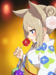  animal_ears blonde_hair blue_eyes blurry blurry_background blush candy_apple depth_of_field eyeshadow fingernails floral_print flower food from_side hair_bun hair_flower hair_ornament highres holding japanese_clothes kimono long_sleeves makeup nail_polish nezuko obi original parted_lips sash solo upper_body white_flower white_kimono wide_sleeves yellow_nails 