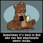  2017 ambiguous_gender anthro blue_eyes brown_fur chibi crying depression english_text fur hand_mirror hole_(feature) mirror nude o-kemono pawpads solo story story_in_description tears text unknown_species 