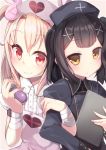  2girls >_< bandaged_arm bandages black_dress black_hair black_hat blonde_hair blush brown_background brown_eyes center_frills closed_mouth collared_shirt commentary_request crossover dress eggplant food frills hair_between_eyes hair_ornament hat holding holding_food indie_virtual_youtuber juliet_sleeves locked_arms long_hair long_sleeves looking_at_viewer minai_karte multiple_girls natori_sana nurse_cap p_answer pink_hat puffy_short_sleeves puffy_sleeves rabbit_hair_ornament red_eyes sana_channel shirt short_sleeves simple_background smile two_side_up virtual_youtuber white_shirt 
