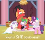  2018 apple bell big_macintosh_(mlp) clothing dialogue dm29 dragon dress english_text equine female food friendship_is_magic fruit green_eyes group hat horn horse mammal my_little_pony pony purple_eyes spike_(mlp) sugar_belle_(mlp) sweetie_belle_(mlp) text top_hat unicorn veil wedding_dress 