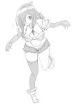  :o absurdres ankle_boots boots breasts copyright_request criss-cross_halter detached_sleeves donguri_suzume flying_sweatdrops green_eyes greyscale hair_over_one_eye halterneck highres large_breasts long_hair long_sleeves looking_at_viewer micro_shorts monochrome navel open_mouth panties short_shorts shorts simple_background single_thighhigh solo spot_color standing standing_on_one_leg thighhighs underwear white_background 