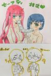  2boys 2girls ahoge bangs blank_eyes blue_hair breasts condom_box condom_in_mouth condom_packet_strip couple darling_in_the_franxx dmhitsuji eyebrows_visible_through_hair fringe glass glasses gorou_(darling_in_the_franxx) green_eyes hair_ornament hair_over_breasts hairband hand_holding heart hetero hiro_(darling_in_the_franxx) holding holding_condom horns ichigo_(darling_in_the_franxx) large_breasts long_hair long_sleeves military military_uniform multiple_boys multiple_girls necktie nude oni_horns pink_hair red_horns short_hair translation_request uniform white_hairband zero_two_(darling_in_the_franxx) 