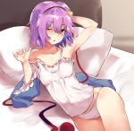  ;o armpits asuzemu bare_shoulders black_hairband blouse blue_blouse breasts camisole collarbone cowboy_shot hair_between_eyes hair_ornament hairband hand_behind_head hands_up heart heart_hair_ornament komeiji_satori lying no_pants on_bed on_side one_eye_closed panties pink_hair red_eyes short_hair small_breasts solo spaghetti_strap third_eye touhou underwear white_panties 