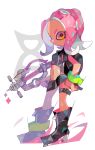  amakusa_(hidorozoa) bangs black_footwear black_skirt boots closed_mouth crop_top finger_on_trigger high_heel_boots high_heels holding leg_belt looking_at_viewer navel octarian octoling orange_eyes parted_bangs pink_hair skirt solo splash-o-matic_(splatoon) splatoon_(series) splatoon_2 weapon white_background wristband 