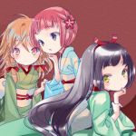  aqua_kimono awai black_hair blue_kimono commentary green_kimono grey_eyes hair_ribbon head_rest japanese_clothes kimono long_hair long_sleeves looking_at_viewer multiple_girls orange_eyes orange_hair original red_background red_hair red_ribbon ribbon short_hair simple_background 