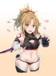  :o armpits bandaged_arm bandages black_gloves black_legwear black_panties blonde_hair braid breasts cleavage cosplay cowboy_shot dagger fate/apocrypha fate/grand_order fate_(series) fingerless_gloves flying_sweatdrops gloves gradient gradient_background green_eyes hair_ornament hair_scrunchie halterneck holding holding_dagger holding_weapon jack_the_ripper_(fate/apocrypha) jack_the_ripper_(fate/apocrypha)_(cosplay) looking_at_viewer micro_panties midriff mordred_(fate) mordred_(fate)_(all) navel open_mouth panties ponytail red_scrunchie renzu_(lens_02) reverse_grip scrunchie short_hair shoulder_tattoo single_glove solo surprised tattoo thighhighs underwear weapon white_background yellow_background 