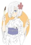  blue_eyes donguri_suzume flower food food_request grey_hair grey_kimono hair_flower hair_ornament hair_over_one_eye hairclip hamakaze_(kantai_collection) hand_up hands_up holding holding_food japanese_clothes kantai_collection kimono long_sleeves looking_at_viewer obi one_eye_closed red_flower sash short_hair smile solo upper_body w wide_sleeves 