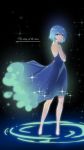  backless_dress backless_outfit bad_id bad_pixiv_id bangs bare_arms bare_shoulders barefoot blue_dress blue_hair chinese_commentary closed_mouth commentary_request dress english eyebrows_visible_through_hair green_eyes hair_between_eyes highres looking_at_viewer looking_back meng_ge_3_(565571710) original smile solo standing strapless strapless_dress tears 