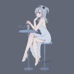  alternate_costume bare_shoulders black_background blue_eyes breasts cup dress drink drinking_glass emia_wang from_side full_body high_heels kantai_collection long_hair medium_breasts one_eye_closed silver_hair simple_background sitting solo suzutsuki_(kantai_collection) translated white_dress white_footwear 