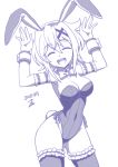  :d akatsuki_kirika animal_ears armband artist_name ass_visible_through_thighs bow bowtie breasts bunny_ears bunny_girl bunnysuit cleavage closed_eyes covered_navel dated detached_collar highleg highleg_leotard large_breasts leotard monochrome open_mouth purple senki_zesshou_symphogear smile solo thighhighs wrist_cuffs zetsumu 