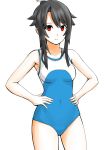  30-06 black_hair blue_swimsuit breasts hands_on_hips high_school_fleet highres long_hair looking_at_viewer munetani_mashiro ponytail red_eyes simple_background small_breasts solo swimsuit white_background 