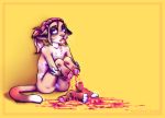  anthro blood blue_eyes breasts cat eyelashes feline female gore mammal nosebleed nude open_mouth pussy redsunatdawn siamese simple_background solo yellow_background 