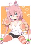  absurdres ahoge animal_ear_fluff animal_ears arms_up bike_shorts blue_eyes cat_ears choker commentary_request gloves hair_bobbles hair_ornament highres hinata_channel huali_(shouxing2013) long_hair low_twintails mismatched_legwear nekomiya_hinata orange_legwear paw_gloves paws pink_hair shorts sitting smile solo striped striped_legwear thighhighs twintails vest virtual_youtuber white_vest wristband 