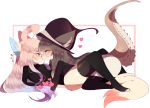  &lt;3 2018 blush brown_hair cat cephalopod clothing duo eye_contact feline female female/female fluffy_ears fredek666 hair hat hybrid legwear licking licking_lips long_hair lying mammal marine nervous octopus pink_hair shy simple_background slim squidwave_(character) sweater tentacle_tail thigh_highs tongue tongue_out 