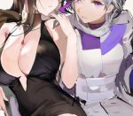  bare_arms bare_shoulders black_dress breasts brown_hair dress dsr-50_(girls_frontline) girls_frontline grey_hair hand_up head_out_of_frame huge_breasts jewelry liduke long_hair looking_at_viewer multiple_girls necklace parted_lips purple_eyes sash short_hair sketch smile thompson/center_contender_(girls_frontline) turtleneck 