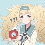  ? blonde_hair blue_background blue_eyes blue_hairband blue_sailor_collar commentary_request dress emia_wang enemy_lifebuoy_(kantai_collection) gambier_bay_(kantai_collection) hairband kantai_collection long_hair sailor_collar sailor_dress shinkaisei-kan simple_background solo twintails 