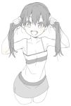  :d bangs bare_arms bare_shoulders camisole cowboy_shot cropped_legs donguri_suzume greyscale hair_grab hands_up long_hair looking_at_viewer miniskirt monochrome open_mouth original round_teeth simple_background skirt smile solo standing teeth twintails white_background 