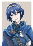  akina_(akn_646) armor blue_eyes blue_hair cape fingerless_gloves fire_emblem fire_emblem:_kakusei fire_emblem_heroes gloves lucina marth_(fire_emblem:_kakusei) mask reverse_trap short_hair smile solo tiara 