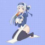  ainu_clothes bandages bandana barefoot blue_background blue_eyes blue_headband carrot cropped_jacket dress emia_wang fingerless_gloves folded_ponytail food gloves hair_between_eyes headband holding holding_food holding_vegetable kamoi_(kantai_collection) kantai_collection kneeling long_hair long_sleeves looking_at_viewer panties pelvic_curtain sidelocks sleeveless sleeveless_dress solo thick_eyebrows thighhighs toeless_legwear toes twitter_username underwear white_dress white_hair white_panties wrist_guards 