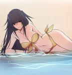  bangle bangs beach bikini black_hair blunt_bangs bracelet breasts circlet cowboy_shot fire_emblem fire_emblem:_kakusei fire_emblem_heroes jewelry long_hair looking_at_viewer navel smile solo swimsuit tharja tiara tusia two_side_up yellow_eyes 