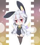  :&lt; animal_ears bangs black_legwear black_leotard blush bow bowtie breasts bunny_ears bunny_girl bunny_tail chibi closed_mouth collared_shirt commentary covered_navel dress_shirt eyebrows_visible_through_hair gradient_wings grey_shirt hair_between_eyes leotard long_hair long_sleeves looking_at_viewer medium_breasts milkpanda multicolored multicolored_wings no_shoes open_clothes open_shirt original red_eyes shirt silver_hair sleeves_past_fingers sleeves_past_wrists solo standing strapless strapless_leotard tail thighhighs wings yellow_neckwear 