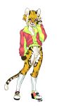 5_fingers animal_genitalia anthro balls blep cheetah clothed clothing digital_media_(artwork) feline fur girly hair jacket male mammal milkcrown multicolored_fur multicolored_hair open_mouth sheath smile solo standing tongue tongue_out 