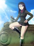  1girl cupola girls_und_panzer ground_vehicle gun highres is-2 jonboy2312 long_hair machine_gun military military_vehicle motor_vehicle nonna pravda_school_uniform school_uniform tank turret weapon 