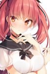  azur_lane bangs blush breasts brown_eyes closed_mouth collar commentary_request eyebrows_visible_through_hair hand_up honolulu_(azur_lane) kisaragi_kiriha large_breasts long_hair looking_at_viewer red_hair short_sleeves simple_background solo tsurime twintails upper_body white_background 