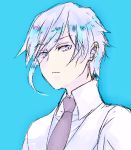  androgynous antarcticite blue_background eyes_visible_through_hair gem_uniform_(houseki_no_kuni) hair_over_one_eye houseki_no_kuni long_bangs looking_at_viewer necktie roji_(rozio) short_hair solo upper_body white_eyes white_hair 