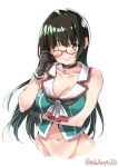  bare_shoulders black_gloves black_hair blush breasts choukai_(kantai_collection) closed_mouth ebifurya eyebrows_visible_through_hair glasses gloves highres kantai_collection large_breasts long_hair navel one_eye_closed remodel_(kantai_collection) simple_background smile solo twitter_username white_background 