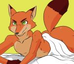  a-side bed bedding big_butt blanket butt canine disney fox gloves_(marking) green_eyes looking_at_viewer lying male mammal markings nick_wilde simple_background solo zootopia 