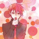  akashi_seijuurou bad_id bad_pixiv_id food fruit gradient gradient_background hair_ornament hairclip holding holding_food holding_fruit kuroko_no_basuke long_sleeves looking_at_viewer male_focus necktie noeru_(putty) orange_background pink_background red_background red_eyes red_hair red_neckwear school_uniform smile solo strawberry 