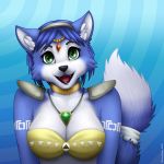  2018 absurd_res anthro black_nose blue_fur blue_hair breasts canine cleavage clothed clothing dipstick_tail female fox fur green_eyes hair hair_ornament hairband hi_res jewelry krystal mammal markings miltonholmes multicolored_tail necklace nintendo short_hair shoulder_pads signature solo star_fox tailband teeth tribal_markings video_games white_fur 
