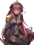  bodysuit breasts chibirisu dual_wielding fate/grand_order fate_(series) gae_bolg highres holding holding_weapon long_hair pauldrons purple_eyes purple_hair scathach_(fate)_(all) scathach_(fate/grand_order) sitting solo veil very_long_hair weapon 