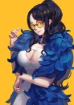  black-framed_eyewear black_hair breasts cleavage commentary_request dress duzie_e feather_boa high_ponytail highres huge_breasts lips long_hair nico_robin one_piece one_piece_film_gold ponytail sidelocks simple_background smile solo sunglasses upper_body wavy_hair yellow_background 