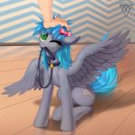  2018 5_fingers blue_hair collar cute cutie_mark disembodied_hand duo equine eyelashes fan_character feathered_wings feathers female feral fur green_eyes grey_feathers hair hair_bow hair_ribbon hi_res hooves human inner_ear_fluff inside leash looking_up mammal margony mouth_hold my_little_pony nude one_eye_closed pegasus pet petplay petting portrait ribbons roleplay shadow sitting solo_focus wings wood wood_floor 