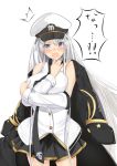  :o azur_lane black_skirt blue_eyes blush breasts commentary_request detached_sleeves enterprise_(azur_lane) hat highres jacket_on_shoulders large_breasts long_hair loose_necktie military_hat miniskirt necktie peaked_cap pleated_skirt schreibe_shura silver_hair skirt solo translated 