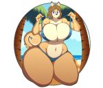  2018 absurd_res alpha_channel anthro beach big_breasts bikini blue_eyes breasts brown_hair canine clothing dog female hair hi_res huge_breasts june_(jinu) looking_at_viewer mammal navel palm_tree seaside shiba_inu short_hair smile solo superix swimsuit thick_thighs tree 